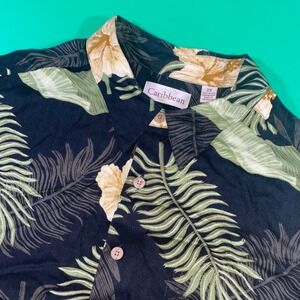 Caribbean‎ 2X Rayon Floral Palm Leaf Print Button Up Camp Shirt Mens